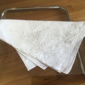 Vintage Linen Handkerchief with Hand Embroidered Flowers. 12” square